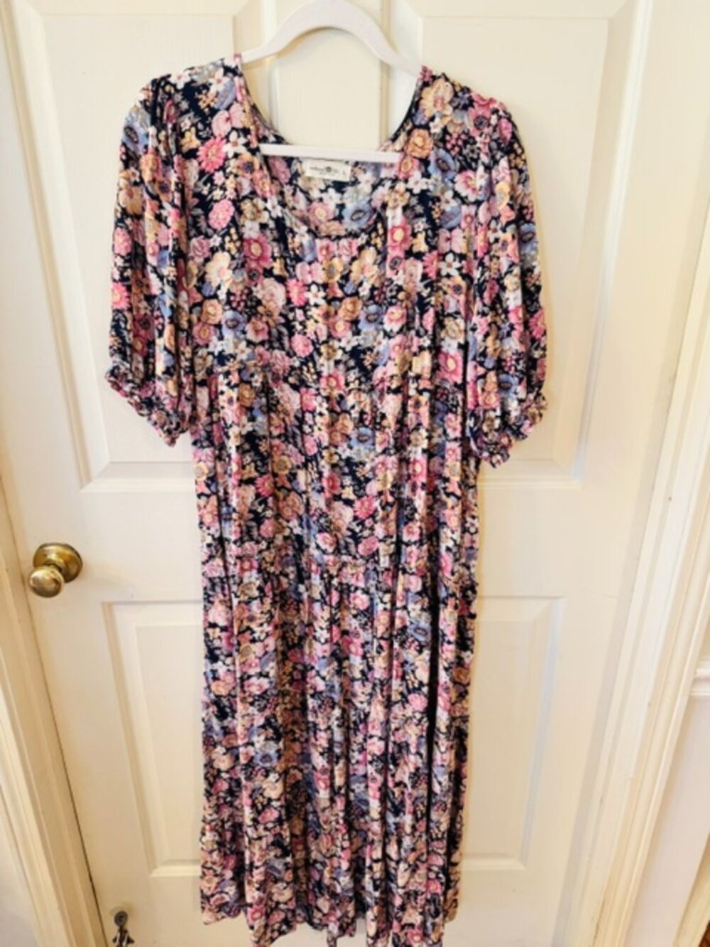 Natural Life Floral Boho Maxi Dress Navy Pink Tiered Cottagecore Size Large